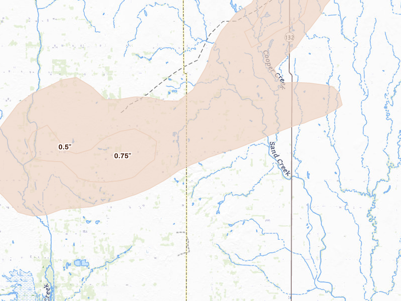 Radar-estimated hail-size map of the storm over Manchester, OK on May 29, 2026