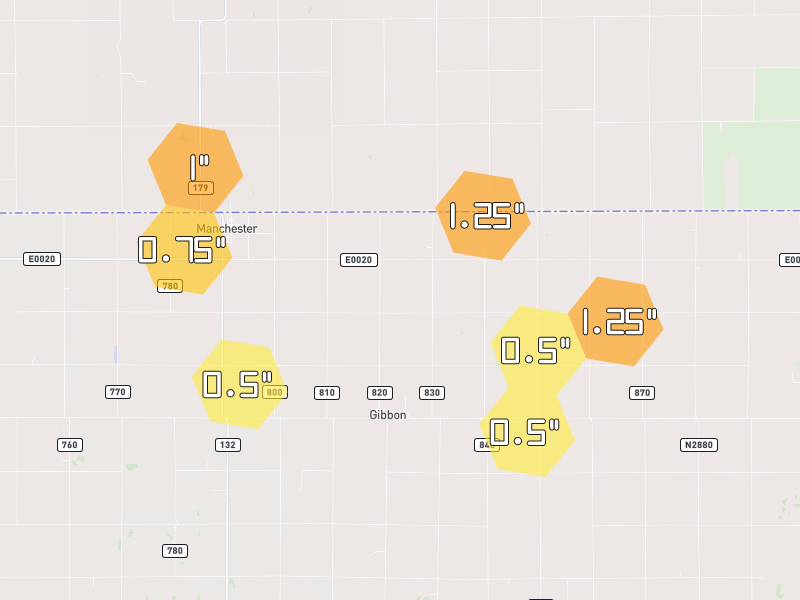 Hail map of Manchester, OK on Jun 2, 2026, hail up to 1.25"