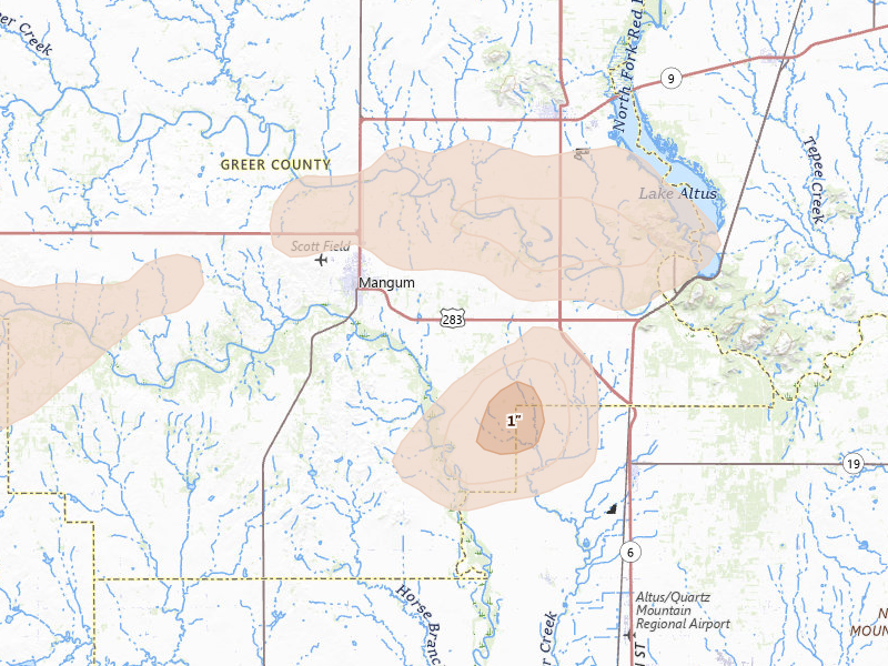 Radar-estimated hail-size map of the storm over Mangum, OK on Mar 31, 2026