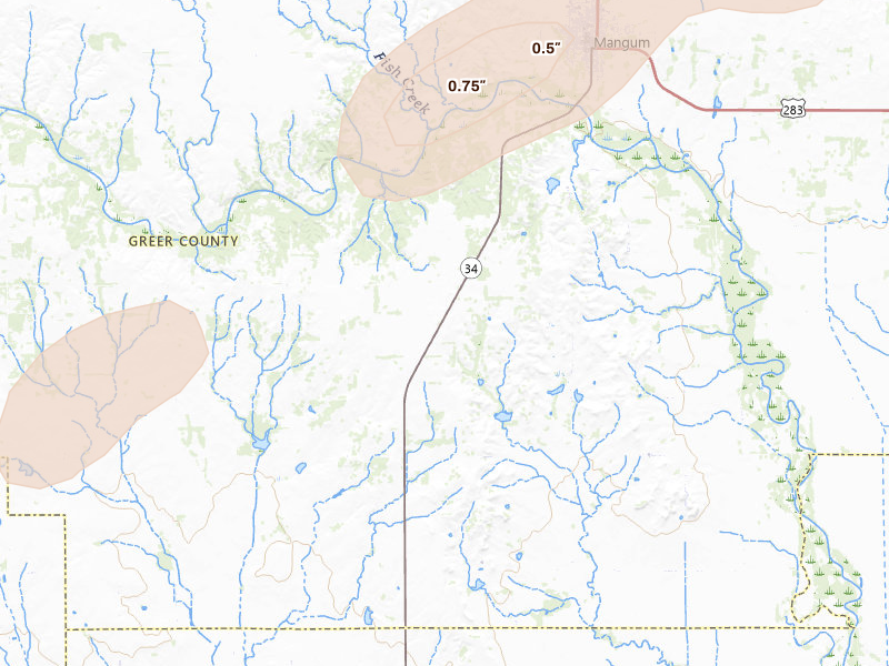 Radar-estimated hail-size map of the storm over Mangum, OK on Apr 3, 2026