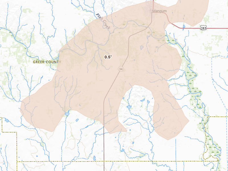 Radar-estimated hail-size map of the storm over Mangum, OK on Apr 17, 2026