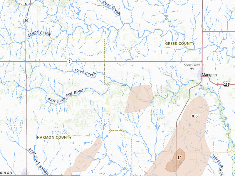 Radar-estimated hail-size map of the storm over Mangum, OK on May 18, 2026