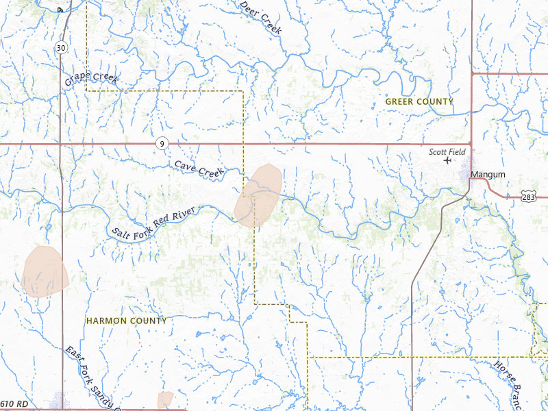 Radar-estimated hail-size map of the storm over Mangum, OK on May 29, 2026