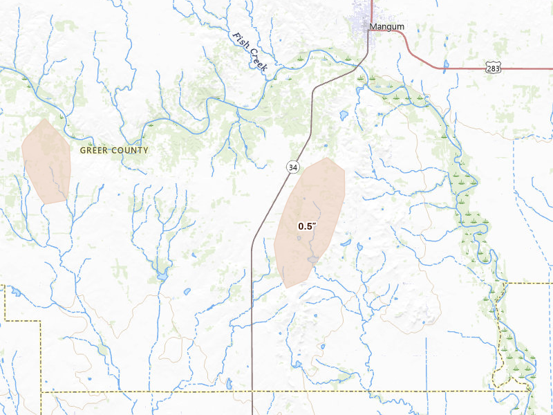 Radar-estimated hail-size map of the storm over Mangum, OK on Jun 5, 2026