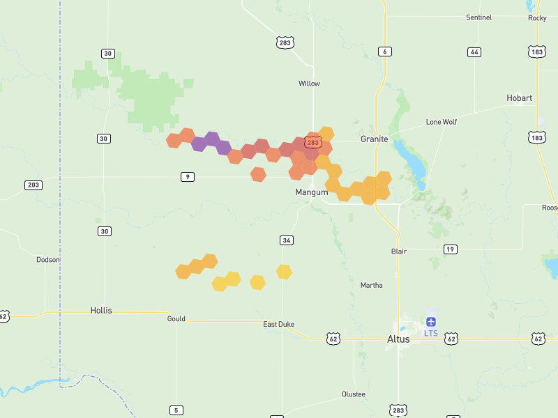 Hail map of Mangum, OK on Jun 26, 2026, hail up to 2.75"