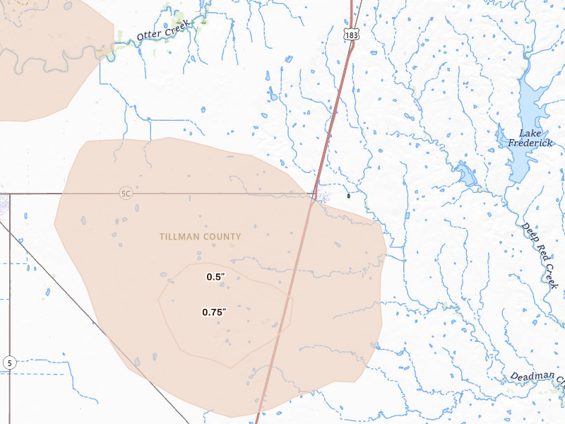 Radar-estimated hail-size map of the storm over Manitou, OK on Jul 4, 2026