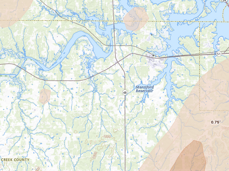 Radar-estimated hail-size map of the storm over Mannford, OK on Mar 6, 2026