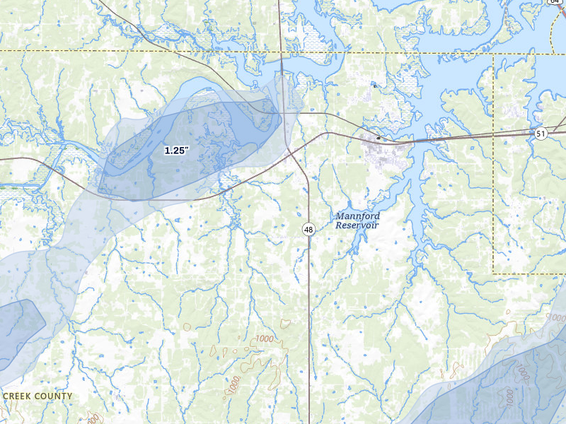 NEXRAD radar-signature map of the hail over Mannford, OK