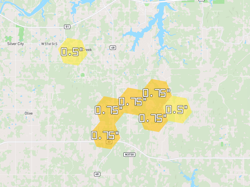 Hail map of Mannford, OK on Jun 2, 2026, hail up to 0.75"