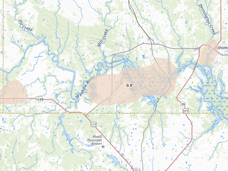 Radar-estimated hail-size map of the storm over Mannsville, OK on Mar 4, 2026