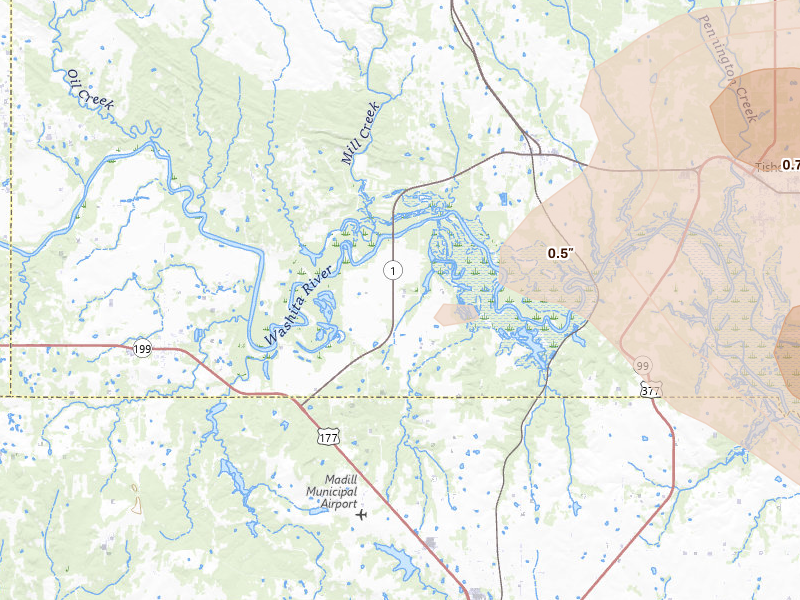 Radar-estimated hail-size map of the storm over Mannsville, OK on Apr 24, 2026