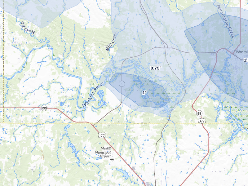 NEXRAD radar-signature map of the hail over Mannsville, OK