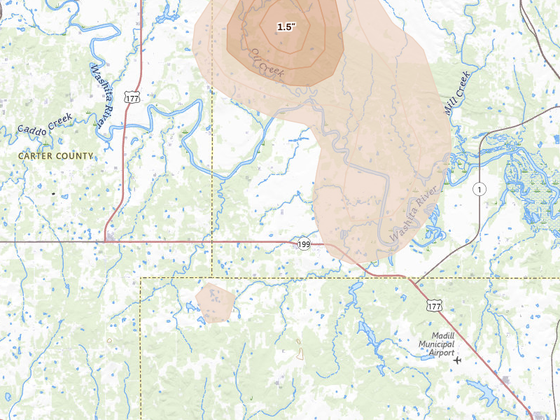 Radar-estimated hail-size map of the storm over Mannsville, OK on Aug 7, 2026