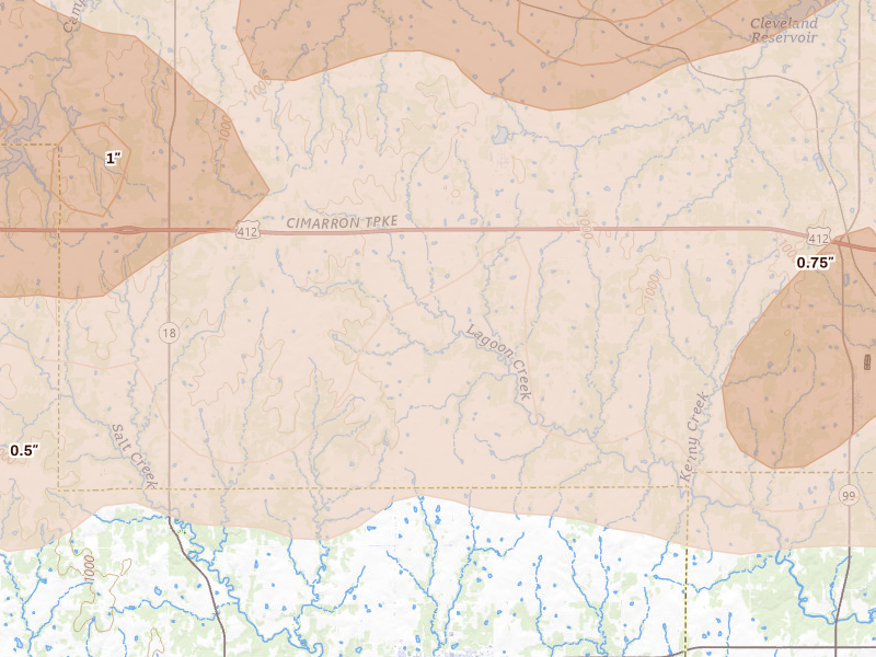 Radar-estimated hail-size map of the storm over Maramec, OK on Apr 23, 2026