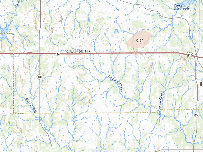 Radar-estimated hail-size map of the storm over Maramec, OK on Jun 7, 2026