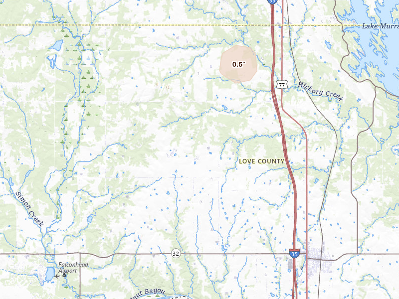 Radar-estimated hail-size map of the storm over Marietta, OK on Mar 6, 2026