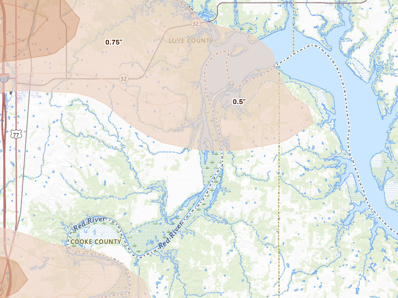 Radar-estimated hail-size map of the storm over Marietta, OK on Apr 25, 2026