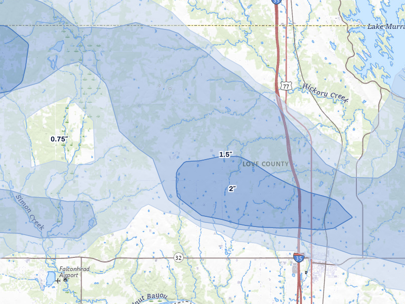 NEXRAD radar-signature map of the hail over Marietta, OK