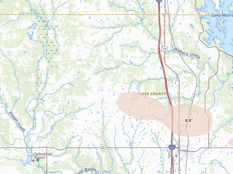 Radar-estimated hail-size map of the storm over Marietta, OK on Jun 23, 2026