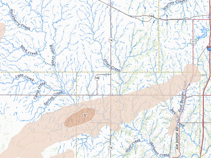 Radar-estimated hail-size map of the storm over Marshall, OK on Apr 1, 2026