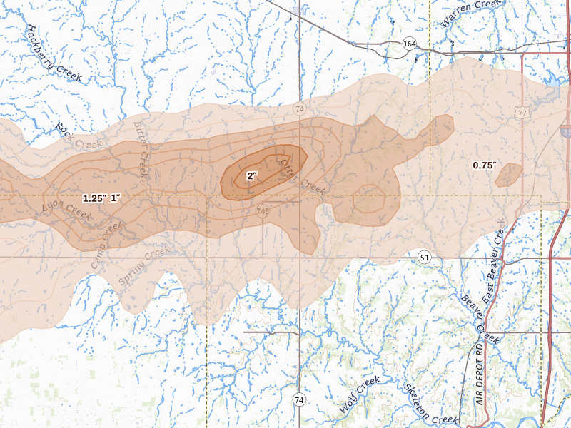 Radar-estimated hail-size map of the storm over Marshall, OK on Apr 17, 2026