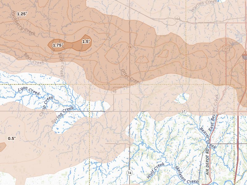 Radar-estimated hail-size map of the storm over Marshall, OK on Apr 23, 2026