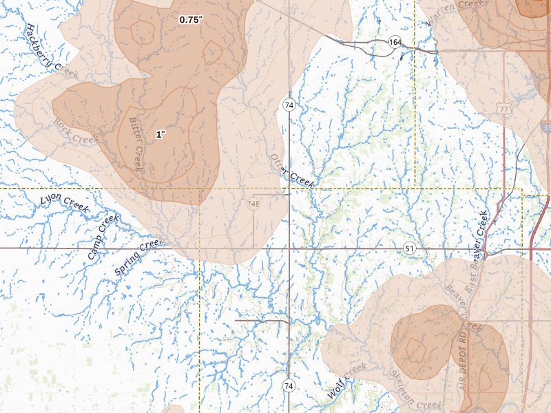 Radar-estimated hail-size map of the storm over Marshall, OK on Jul 4, 2026