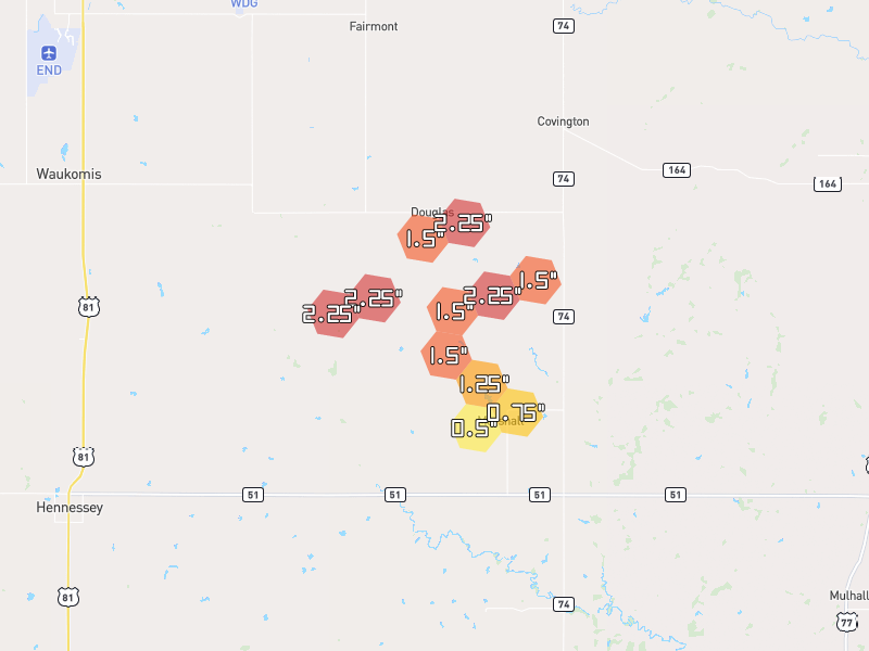 Hail map of Marshall, OK on Jul 5, 2026, hail up to 2.25"