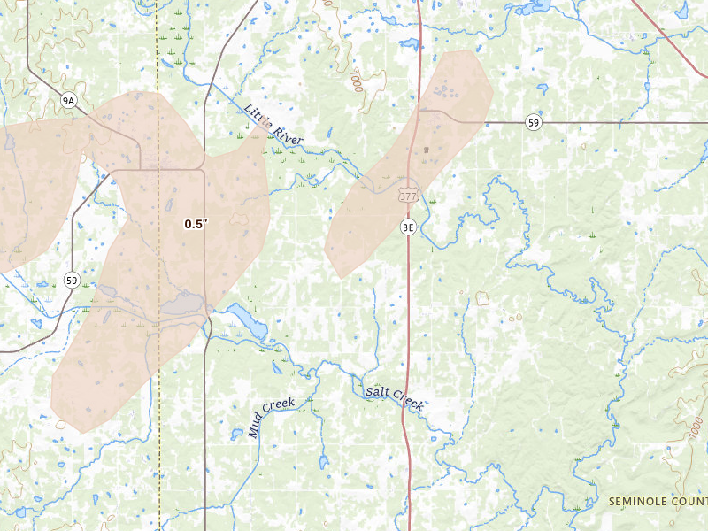Radar-estimated hail-size map of the storm over Maud, OK on Mar 6, 2026