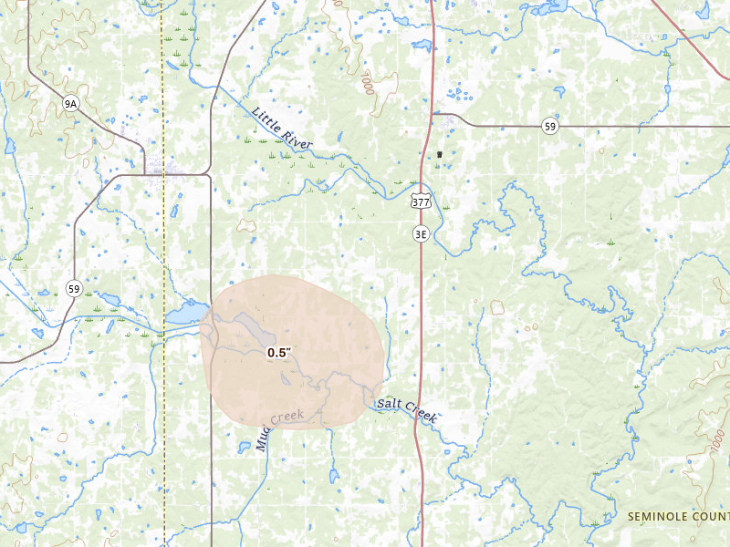 Radar-estimated hail-size map of the storm over Maud, OK on Jul 11, 2026
