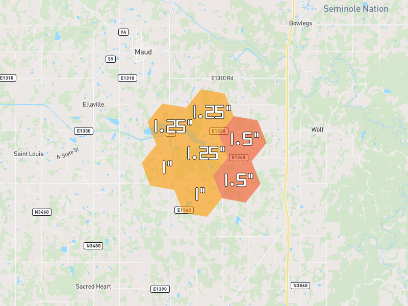 Hail map of Maud, OK on Jul 12, 2026, hail up to 1.5"