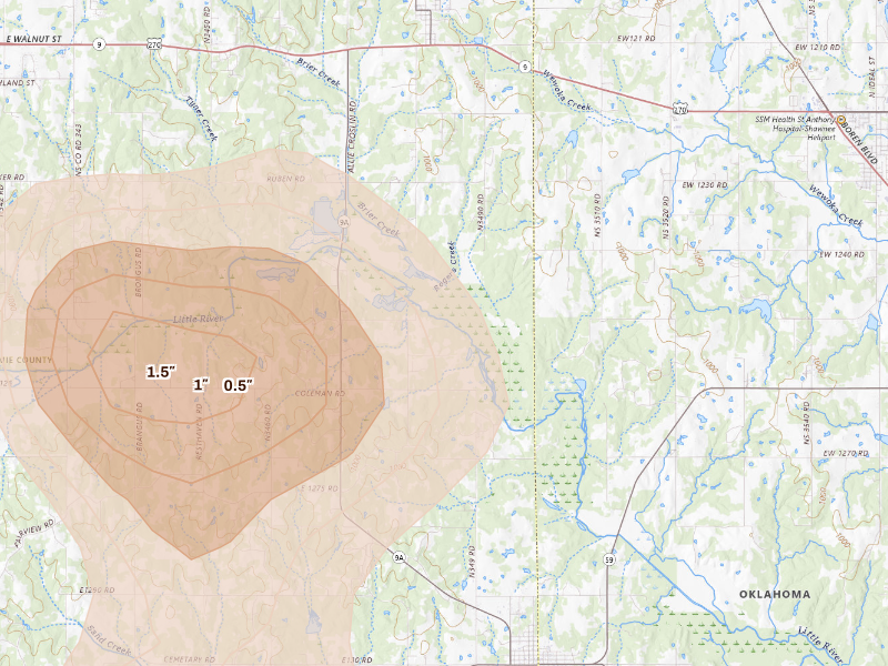 Radar-estimated hail-size map of the storm over Maud, OK