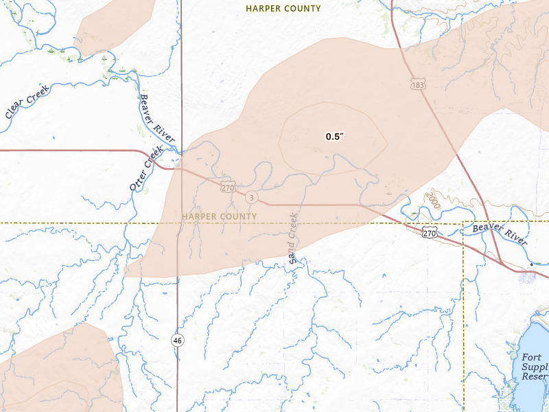 Radar-estimated hail-size map of the storm over May, OK on Mar 10, 2026