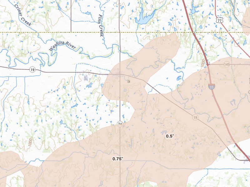 Radar-estimated hail-size map of the storm over Maysville, OK on Mar 6, 2026