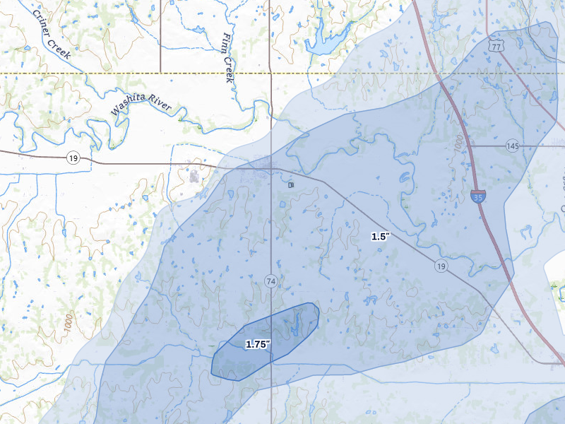 NEXRAD radar-signature map of the hail storm over Maysville, OK on Mar 6, 2026