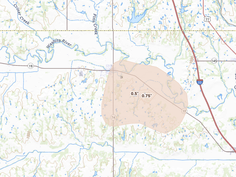 Radar-estimated hail-size map of the storm over Maysville, OK