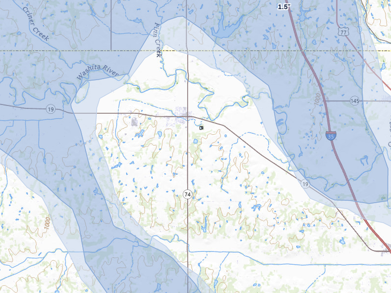 NEXRAD radar-signature map of the hail over Maysville, OK
