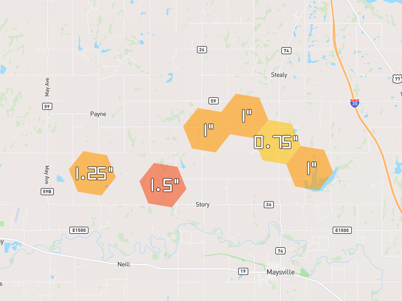 Hail map of Maysville, OK on Jul 5, 2026, hail up to 1.5"