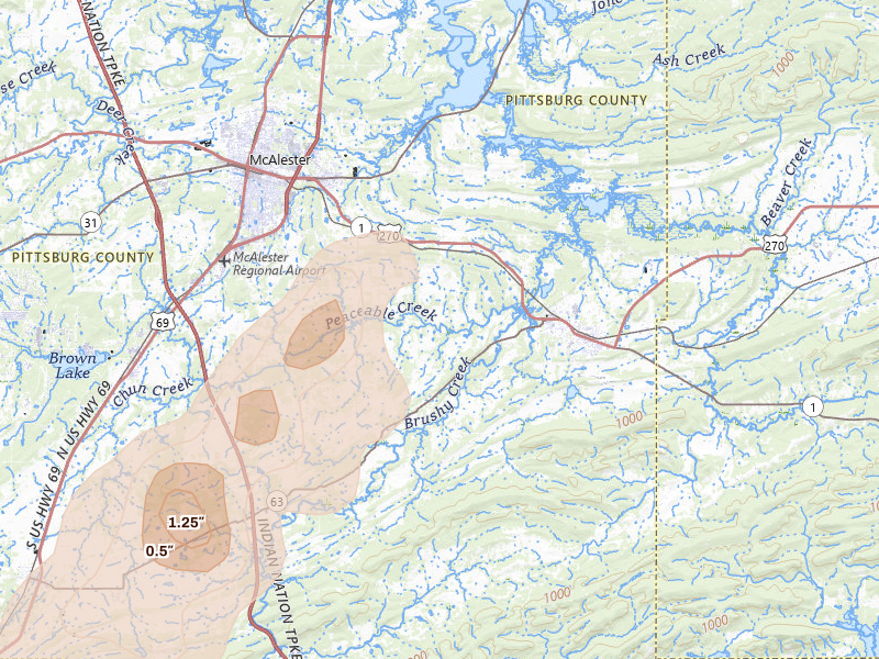 Radar-estimated hail-size map of the storm over Mcalester, OK on Mar 6, 2026