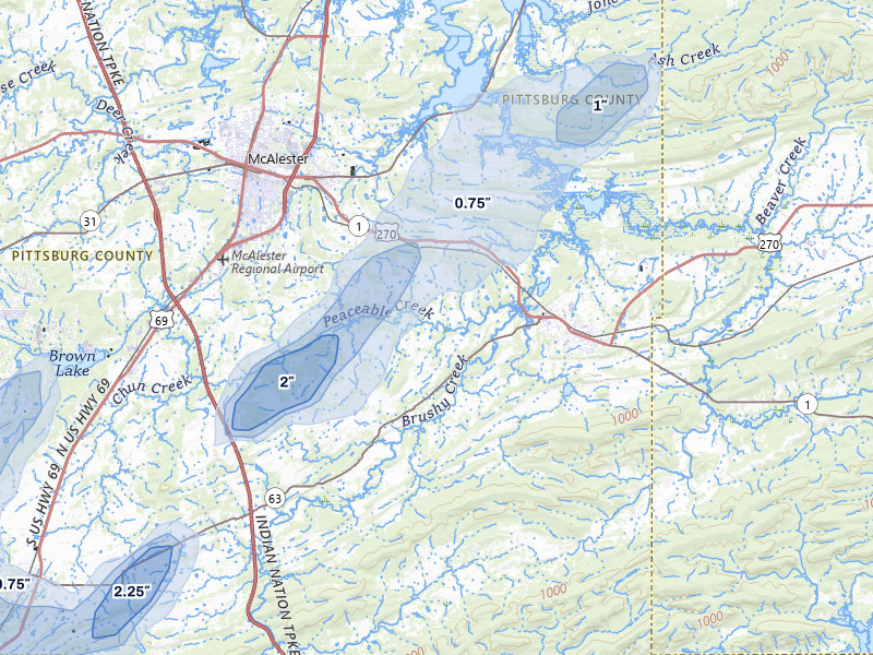 NEXRAD radar-signature map of the hail storm over Mcalester, OK on Mar 6, 2026