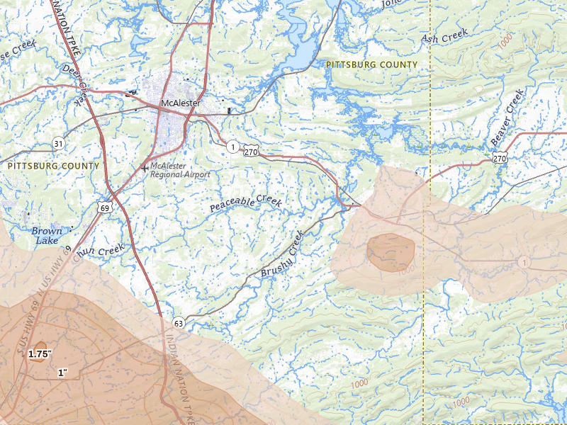 Radar-estimated hail-size map of the storm over Mcalester, OK on Apr 24, 2026