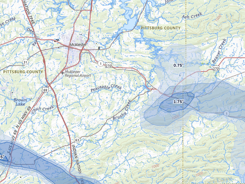 NEXRAD radar-signature map of the hail over Mcalester, OK