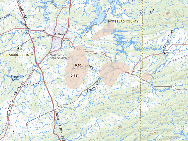 Radar-estimated hail-size map of the storm over Mcalester, OK on May 22, 2026