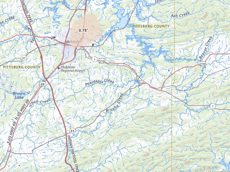 Radar-estimated hail-size map of the storm over Mcalester, OK on Jul 4, 2026