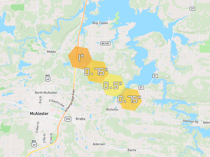 Hail map of McAlester, OK on Jul 5, 2026, hail up to 1"