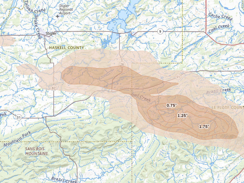 Radar-estimated hail-size map of the storm over Mccurtain, OK on Apr 24, 2026