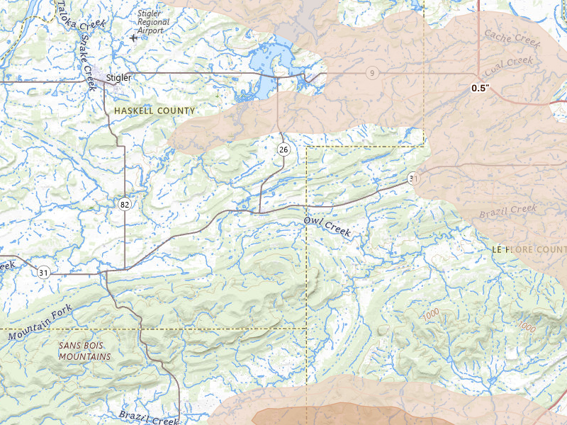 Radar-estimated hail-size map of the storm over Mccurtain, OK on Apr 25, 2026