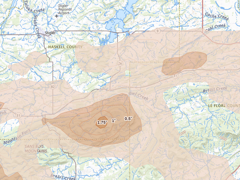 Radar-estimated hail-size map of the storm over Mccurtain, OK on Apr 28, 2026