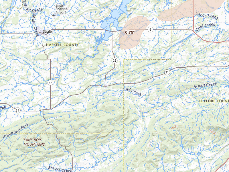 Radar-estimated hail-size map of the storm over Mccurtain, OK on May 9, 2026