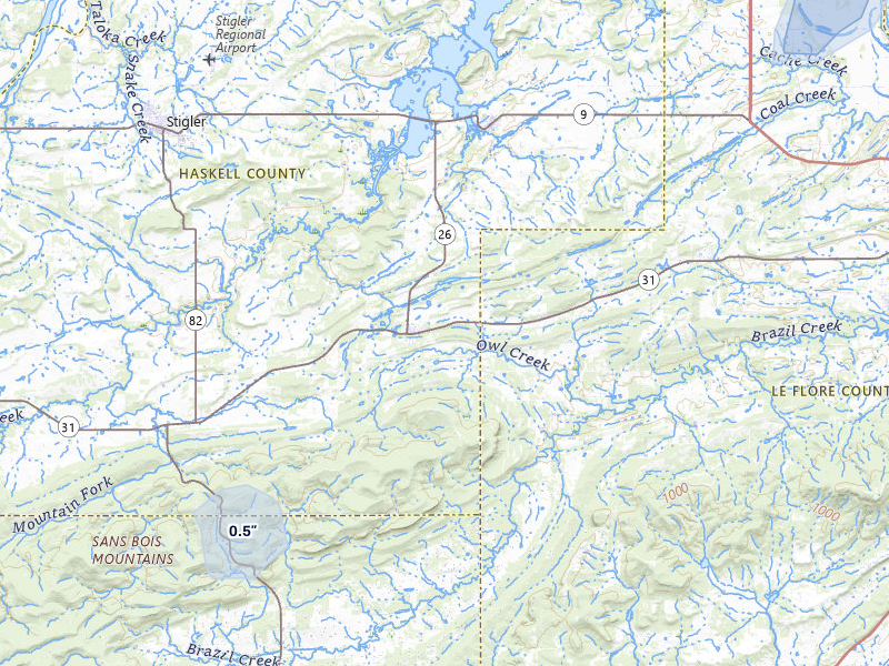 NEXRAD radar-signature map of the hail over Mccurtain, OK